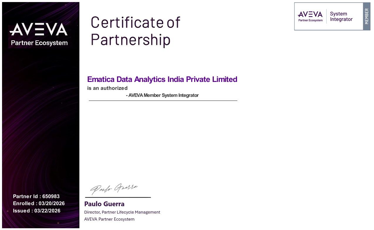 AVEVA Certificate of Partnership – Ematica Data Analytics India Pvt. Ltd.